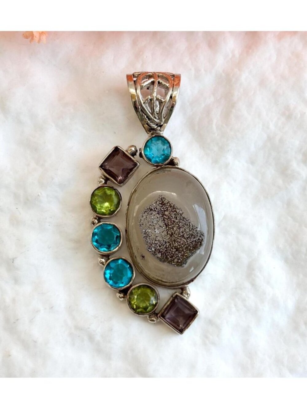 Druzy Quartz, Peridot, Amethyst, Blue Topaz Vintage Sterling Silver 925 Pendant